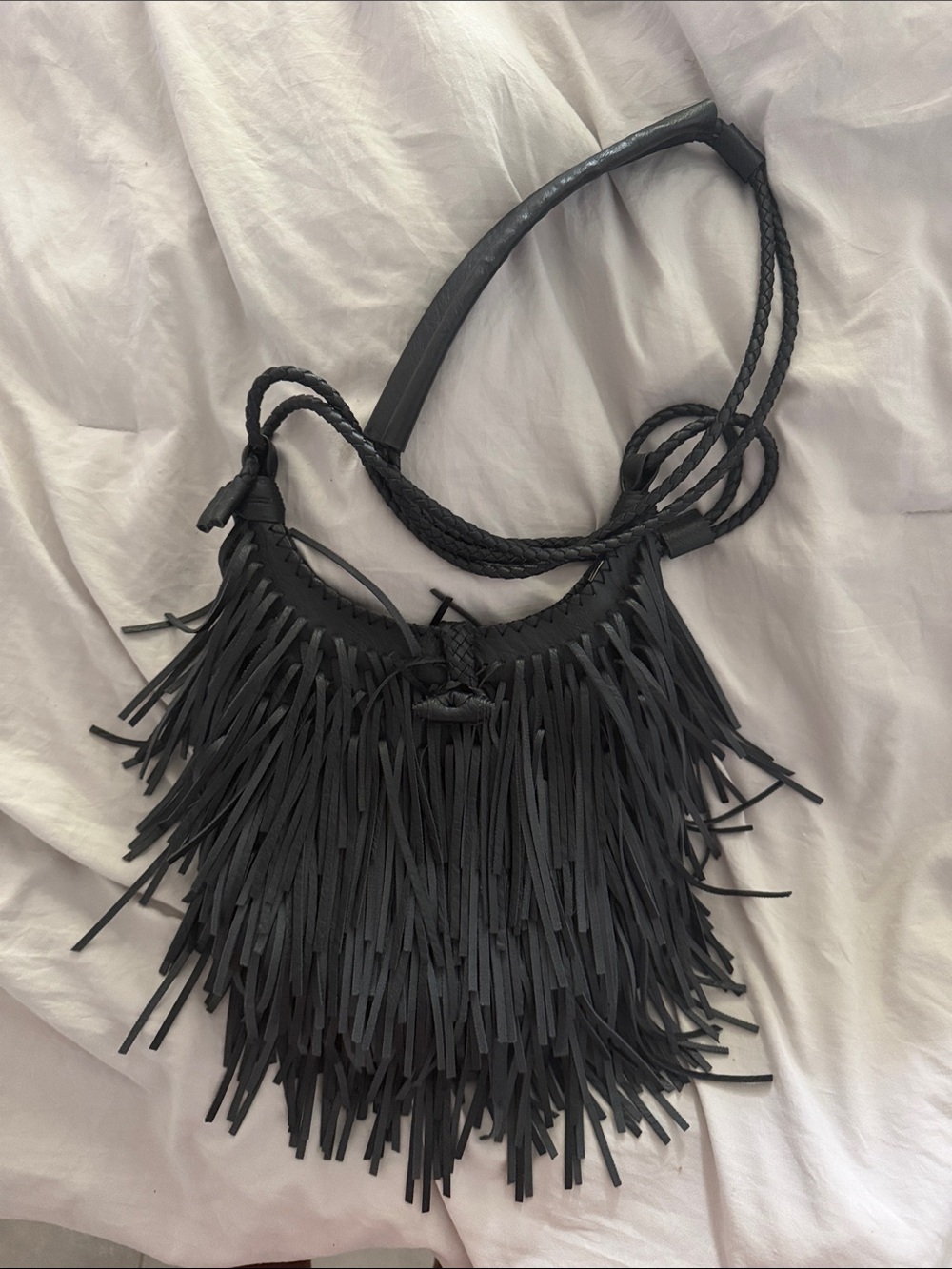 Leather Black Fringe Boho Crossbody Bag - Stylish Women’s Shoulder Bag - Picture 2 of 6